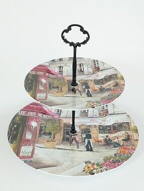 Handmade Parisian Café 2 Tier Dessert Stand French Street Scene Server